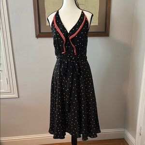Anthropologie Chic Navy Midi Dress with Polkadot  Print and Flared Hem